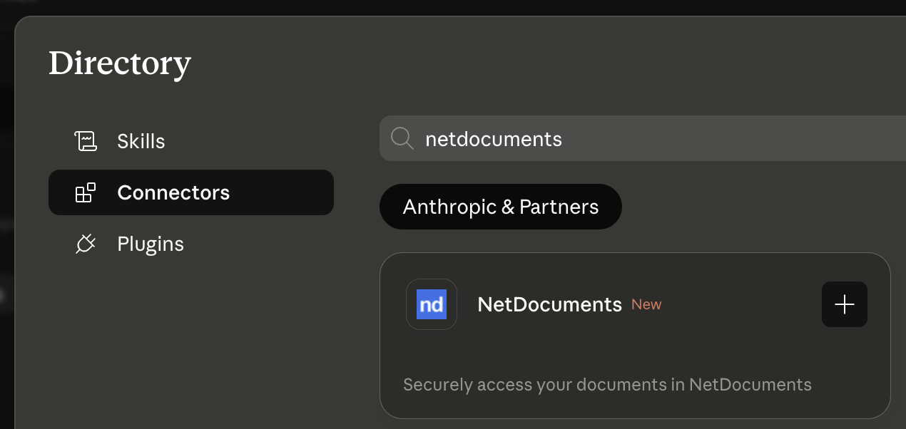 The NetDocuments connector listed in the Claude directory under Anthropic & Partners, with a 'New' tag.